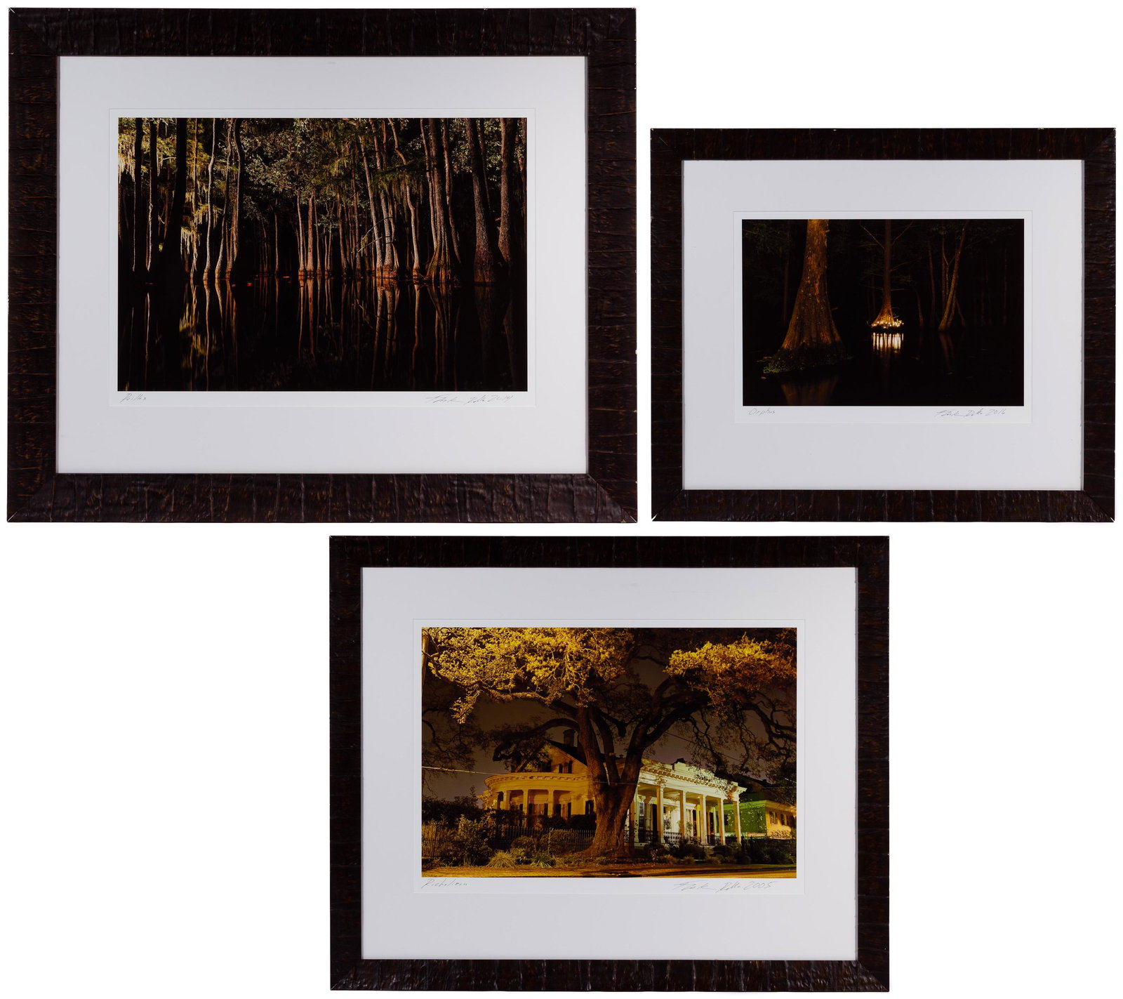 Frank Relle (American, b.1976) Photographs: Frank Relle (American, b.1976) Photographs (3) items, signed lower right, including a 2005 'Richelieu', 2014 'Pailles', 2016 'Orphus' matted in textured wooden frames under glass; from an Oak Park, Il
