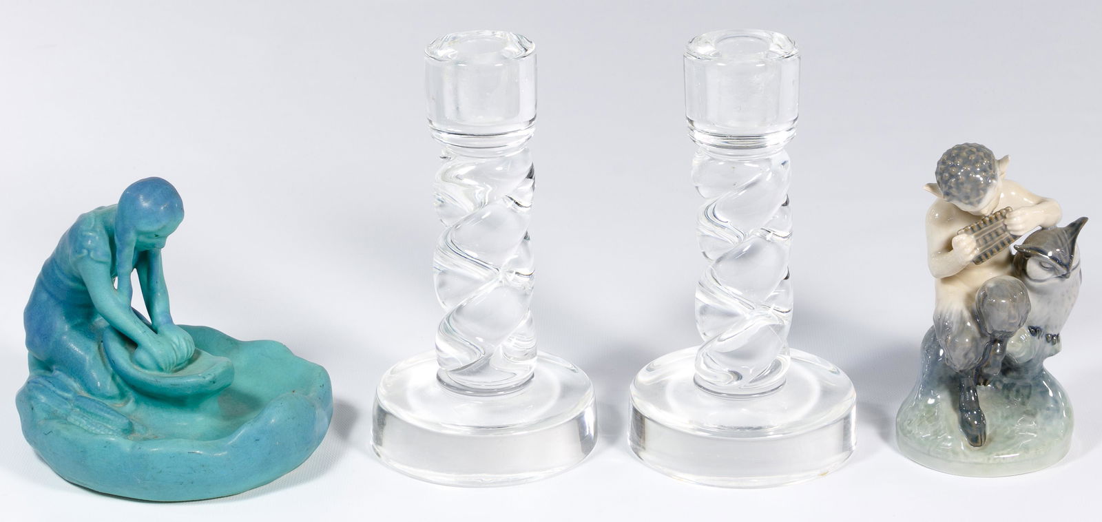 Steuben Glass and Van Briggle Pottery Assortment: Steuben Glass and Van Briggle Pottery Assortment Pair of crystal 'Rope Twist' candlesticks, designed by George Thompson, etched signature on underside of base; Van Briggle printed on underside depicti