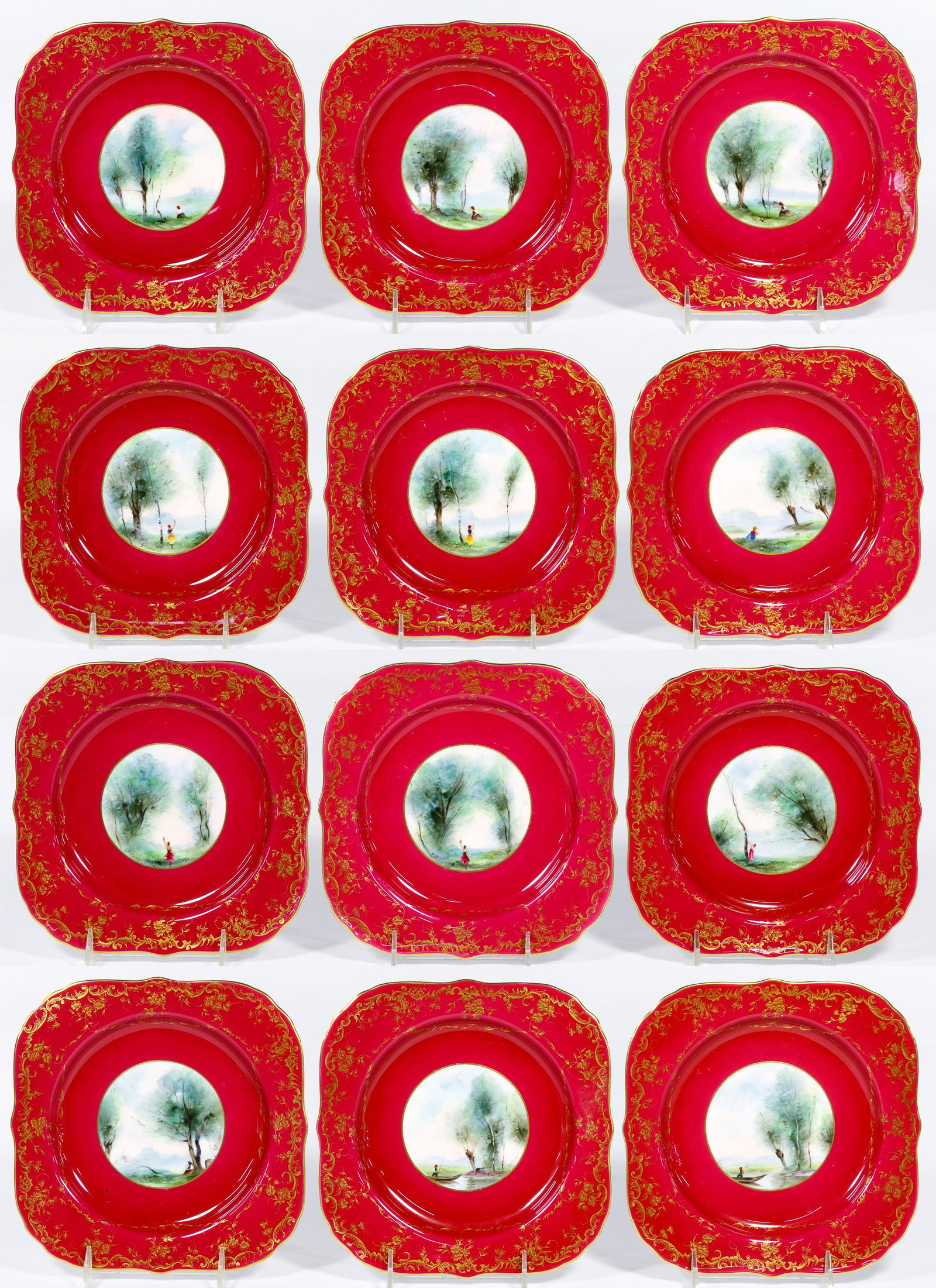G.H. Evans for Royal Worcester Hand Painted Plates: G.H. Evans for Royal Worcester Hand Painted Plates Twelve red plates having a gold painted floral border, gold edge, maker mark on backside and artist signature at bottom left or right of center image