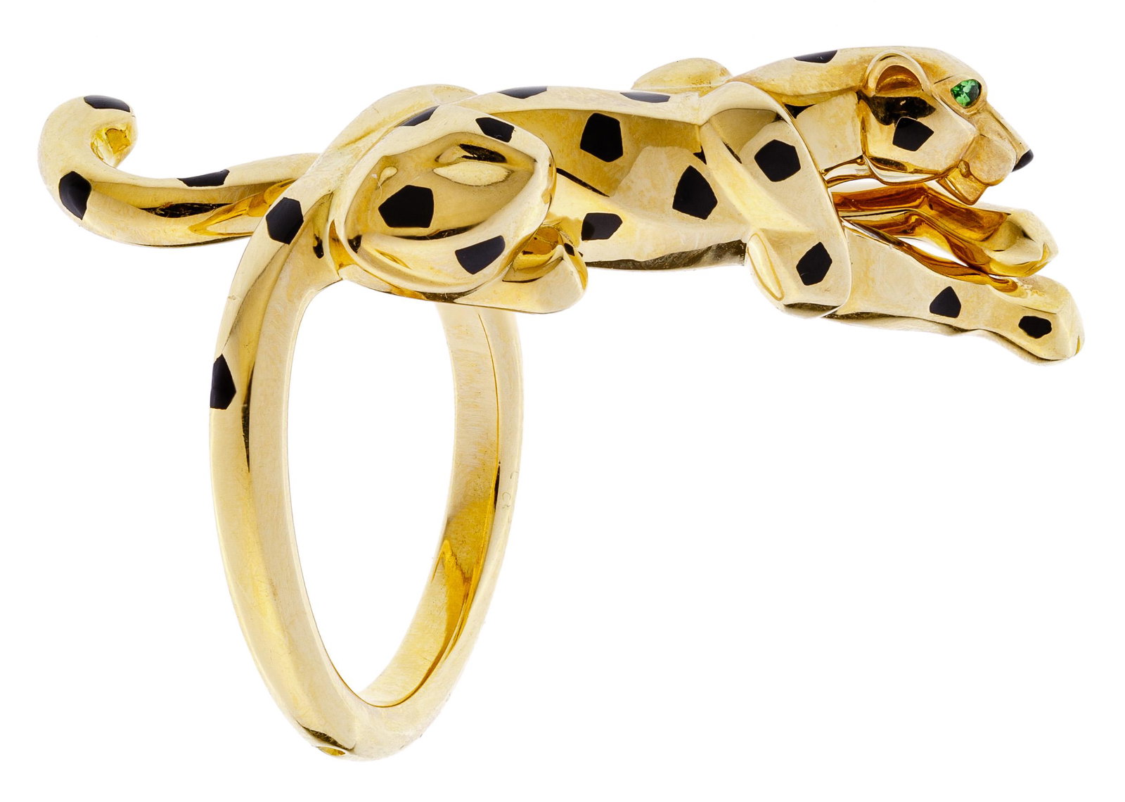 Cartier 18k Yellow Gold, Garnet and Onyx: Cartier 18k Yellow Gold, Garnet and Onyx 'Panthere de Cartier' Ring Having a full figure panther adorned with green garnet eyes and black onyx spots; marked 'Cartier', '58', 'GKK224' and 'Au750'; poss