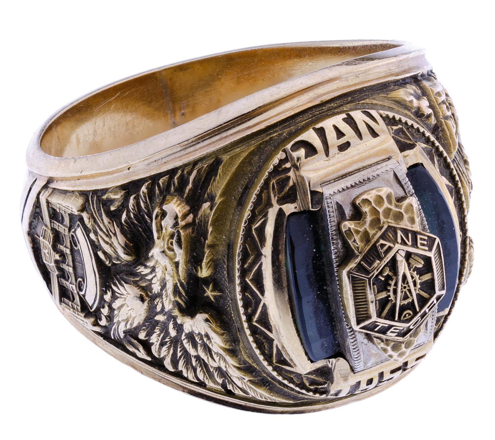 10k Gold 1955 Lane Tech High School Ring: 10k Gold 1955 Lane Tech High School Ring Having green bar semi-precious gemstones flanking the Lane Tech logo; marked '10k' inside band; from a Lake Forest, Illinois estate Condition: Very Good, overa