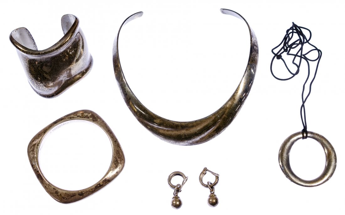 Tiffany & Co Sterling Silver Jewelry Assortment: Tiffany & Co Sterling Silver Jewelry Assortment (5) items including a collar necklace, a 'Paloma Picasso' pendant marked 'Paloma Picasso' on black string, a 'Cushion' square bangle, an 'Elsa Peretti' 
