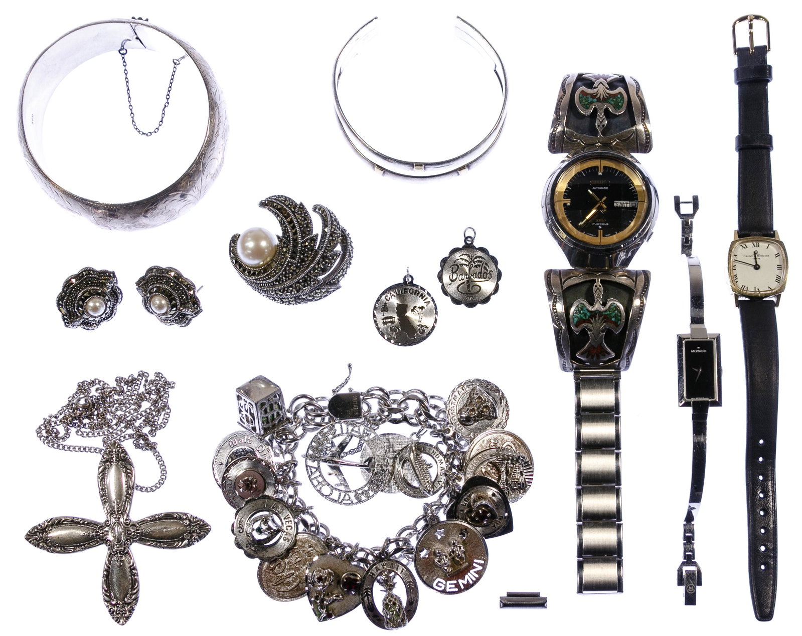 Sterling Silver Jewelry and Wrist Watch Assortment: Sterling Silver Jewelry and Wrist Watch Assortment (11) items including marcasite and faux pearl brooch and matching clip earrings stamped 'Judith Jack', a pendant necklace, a cuff bracelet having 18k