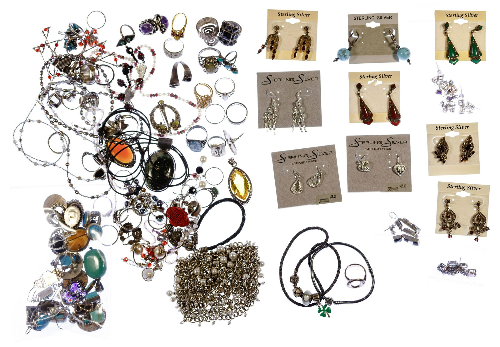 Sterling Silver Jewelry Assortment: Sterling Silver Jewelry Assortment Including a ring stamped 'Tiffany & Co., Paloma Picasso', size 7.5, Pandora leather strap choker having silver and enamel beads, Pandora grey metal bracelet; togethe