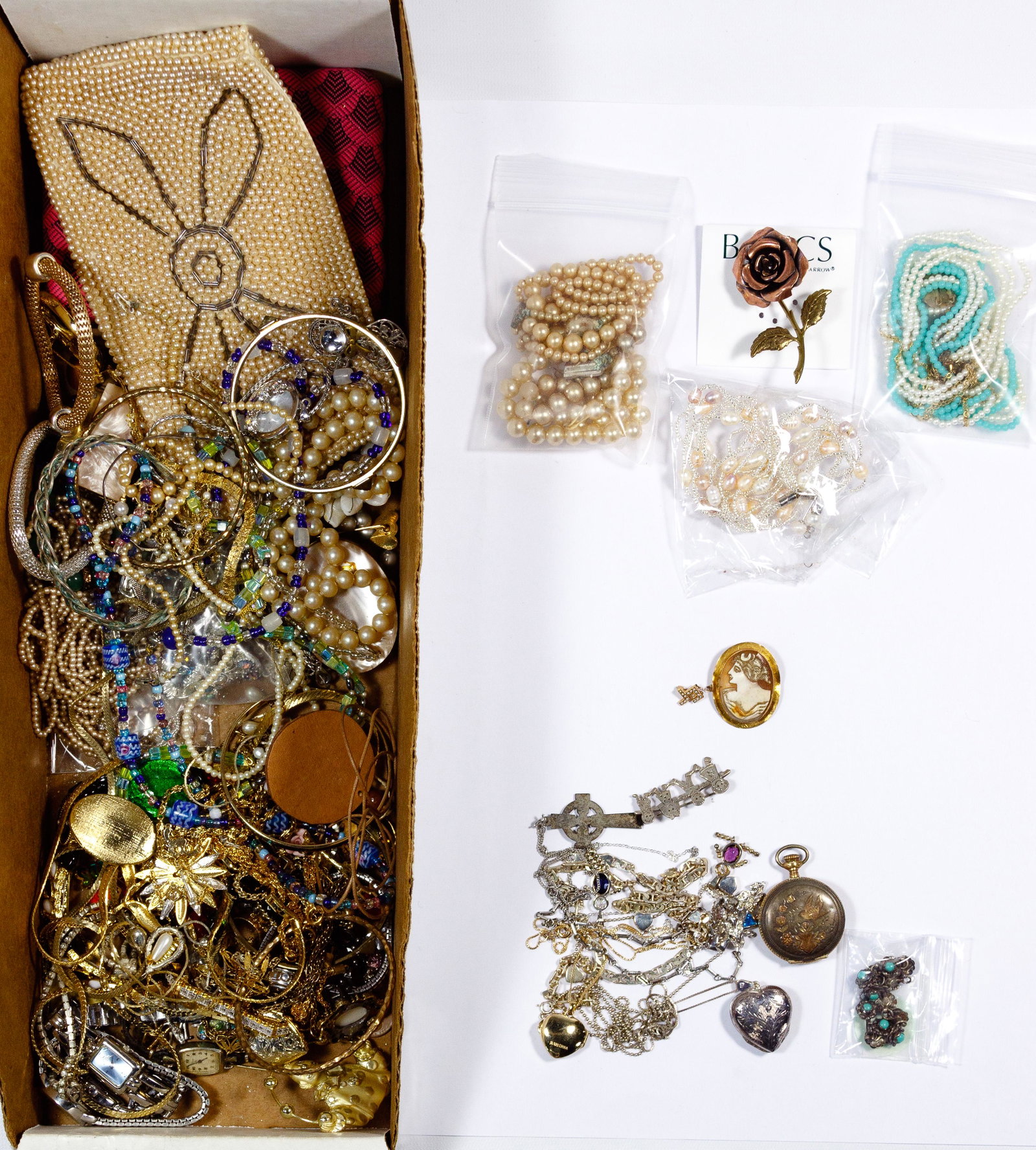 10k Yellow Gold, Sterling Silver and Costume Jewelry: 10k Yellow Gold, Sterling Silver and Costume Jewelry Assortment Including marked '10K' cameo brooch and lavaliere pin, marked 'sterling' or '925' necklaces, lockets, chains and pocket watch together w