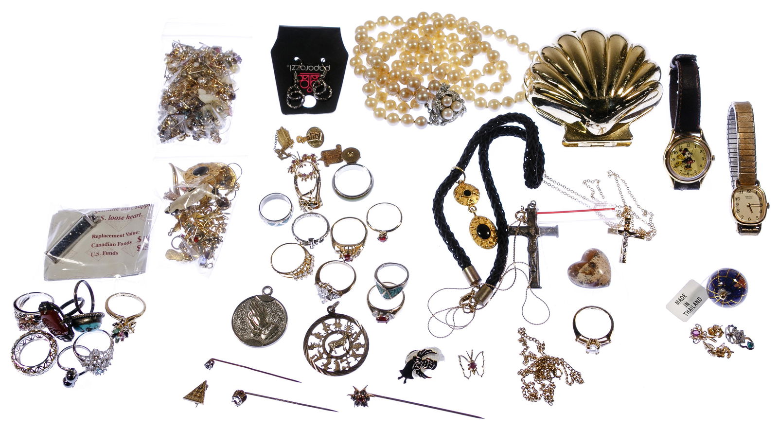 Gold, Sterling and Costume Jewelry Assortment: Gold, Sterling and Costume Jewelry Assortment Including (4) stud earrings and (3) pendants, one primarily enamel, all marked '14k'; (7) rings, some having stone or glass and a pendant, most marked 'st