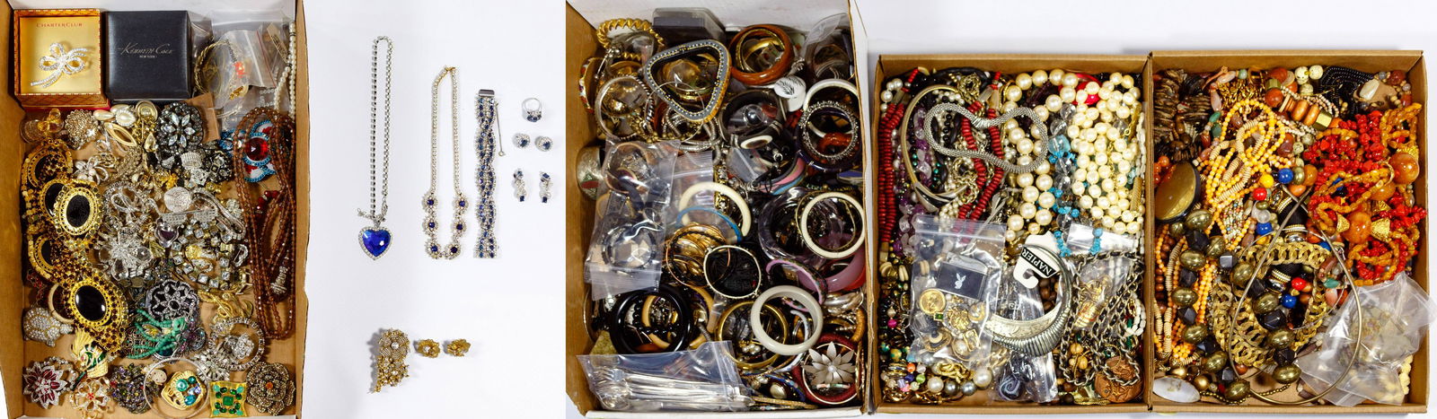 Rhinestone and Costume Jewelry Assortment: Rhinestone and Costume Jewelry Assortment Approximately five pounds of brooches, necklaces, earrings, bracelets, a belt and trinket box, a Miriam Haskell brooch and pair of earrings having maker mark