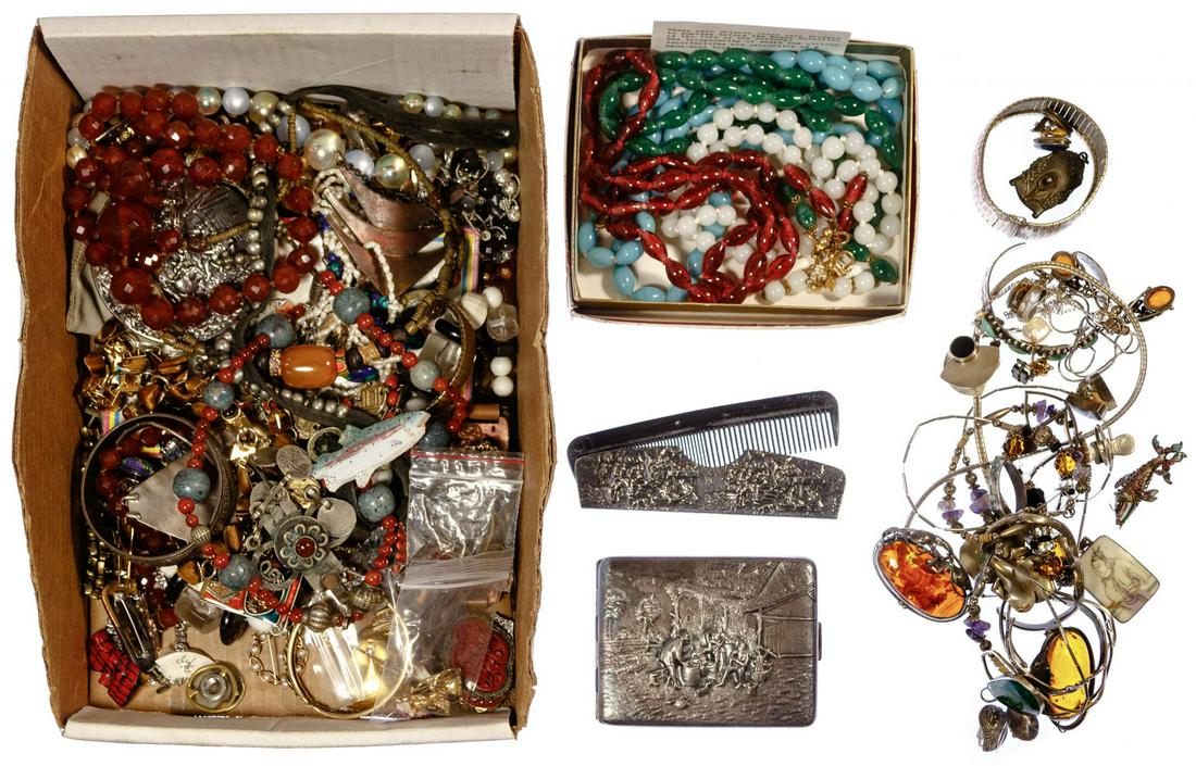 Sterling Silver, Peking Glass and Costume Jewelry: Sterling Silver, Peking Glass and Costume Jewelry Assortment Including silver necklaces, bracelets, bangles, pendants, brooches and rings, many having stone, glass and plastic beads or enamel, most ma