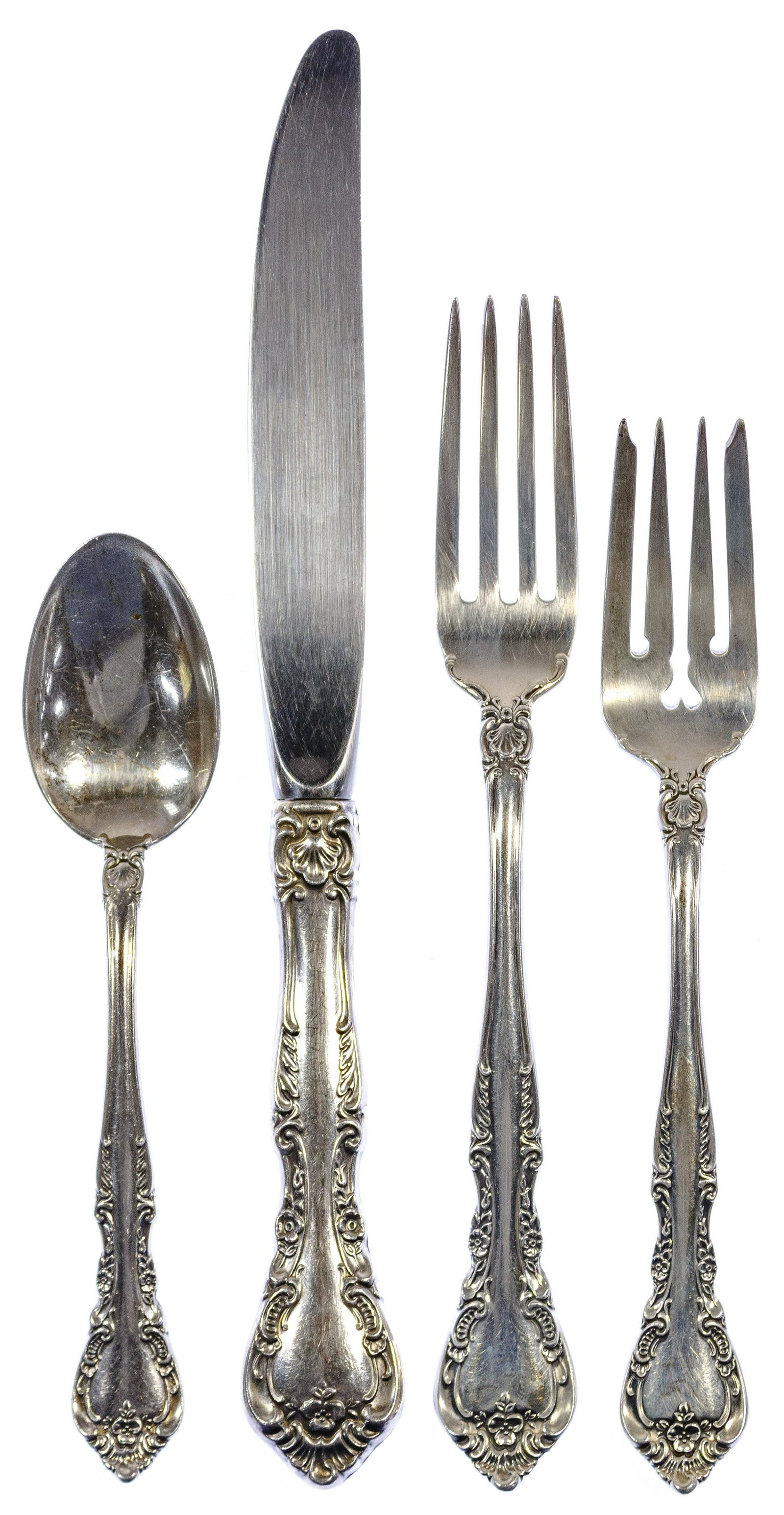Gorham 'Alencon Lace' Pattern Sterling Silver Flatware: Gorham 'Alencon Lace' Pattern Sterling Silver Flatware (33) pieces including (8) knives, (8), dinner forks, (8) salad forks, (6) teaspoons and (3) serving pieces, all marked 'Gorham Sterling'; from a 