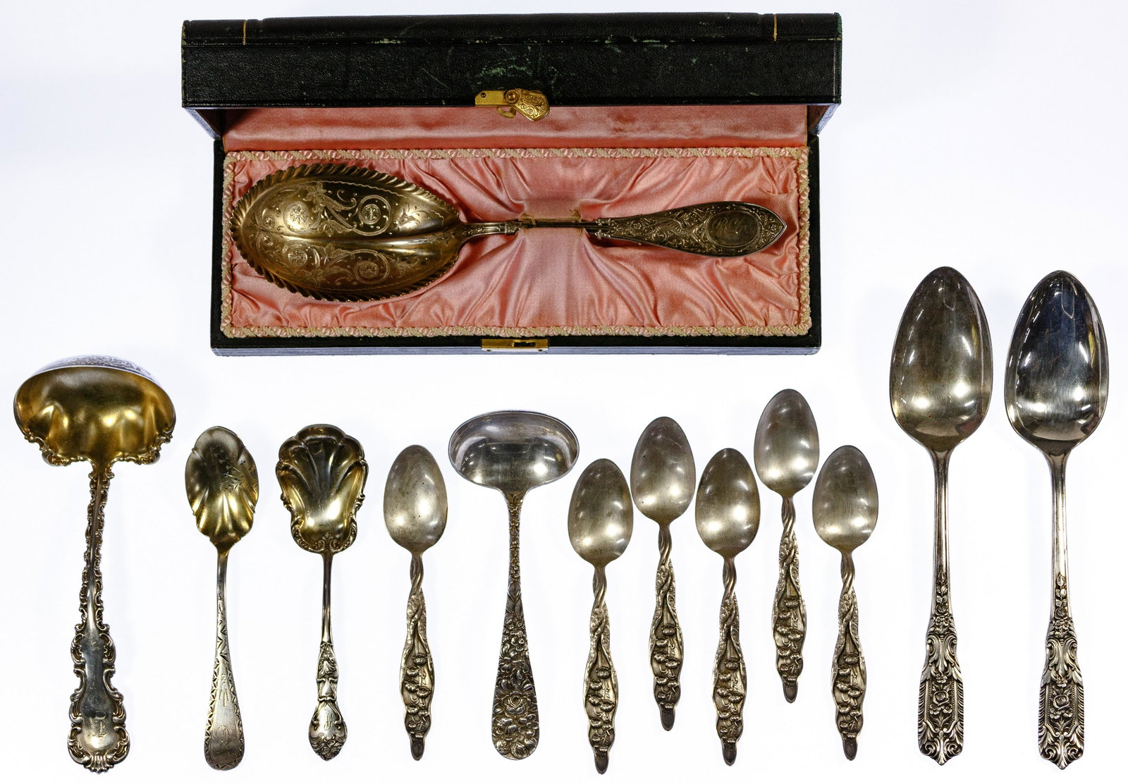 Sterling Silver Flatware Assortment: Sterling Silver Flatware Assortment (13) items including (6) Whiting Mfg 'Lily of The Valley' pattern five o'clock teaspoons and a 'Louis XV' pattern ladle, a G.T. Sadtler and Sons serving spoon in or