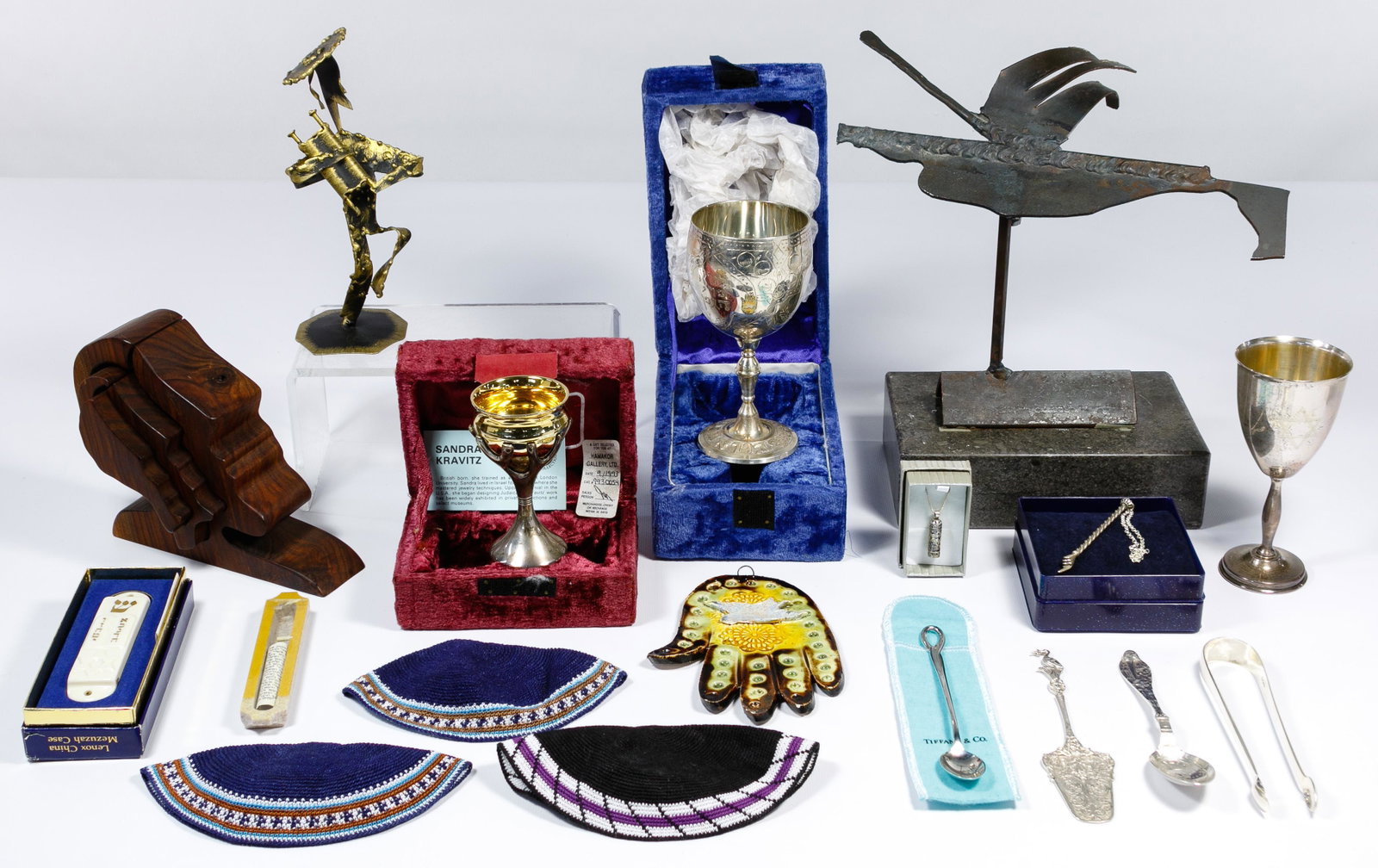 Sterling Silver and Decorative Judaica Assortment: Sterling Silver and Decorative Judaica Assortment Seven sterling items including Tiffany & Co. infant feeding spoon designed by Elsa Peretti marked 'T.&.Co Sterling / Peretti / Italy 1984' having Tiff