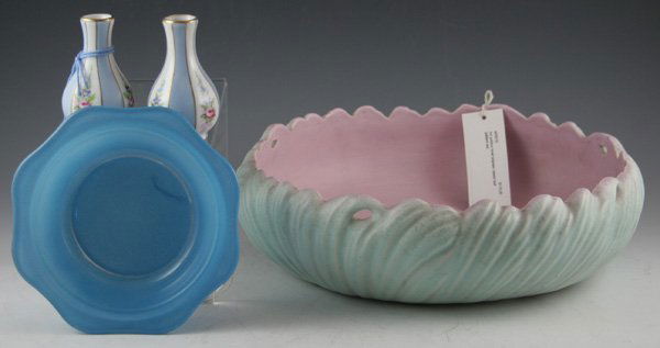 Art pottery bowl with matte green exterior and: Art pottery bowl with matte green raised leaf pattern exterior and pink glazed interior. Pair of circa 1915 French hand-painted Porcelain Panelled Floral 3.75h Vases. Pyrex blue over clear glass scall