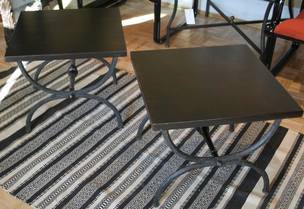 Tomlinson Furniture, circa 1960, set of three: Tomlinson Furniture, circa 1960, set of three iron and wood tables. ca. 1960 CONDITION: Good Condition ESTIMATE: $500-$700 uest.