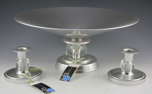 Kensington Ware Stratford art deco compote an: Set of Kensington Ware Stratford compote with two matching candleholders. Art Deco aluminum with glass ball decoration. Designed by Lurelle Guild (1934-1935). ca. 1930's DIMENSIONS: compote: 6H x 13 1