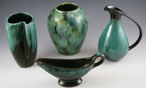 Blue Mountain Pottery blue/green drip glaze s: Blue Mountain Pottery blue/green drip glaze sauce bowl, ewer, McCoy mottled green and blue drip glaze vase. DIMENSIONS: 3 1/2H x 7 3/4W x 2 1/2W & 7H x 4D Widest & 6 1/2H x 6D Widest x 3D top rim COND
