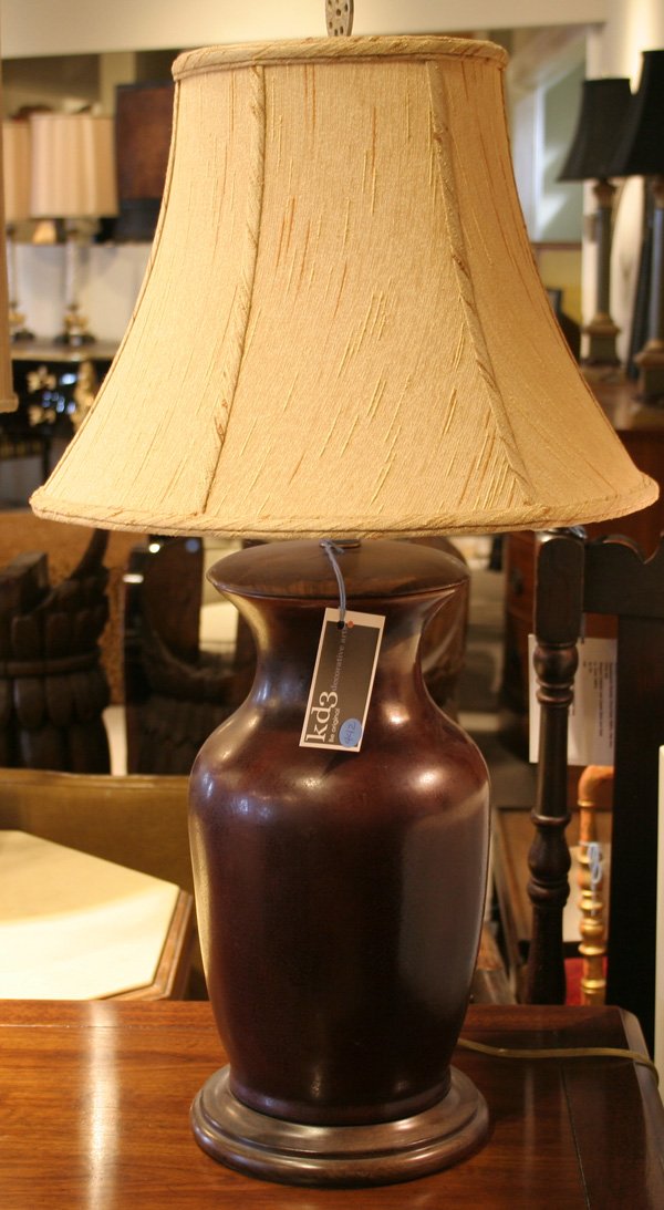 Frederick Cooper, brown ceramic lamp with woo: Frederick Cooper, circa 1998, brown ceramic lamp with wooden top, shade add $65.00. ca. 1998 DIMENSIONS: 31H CONDITION: Good Condition ESTIMATE: $60-$80 uest.