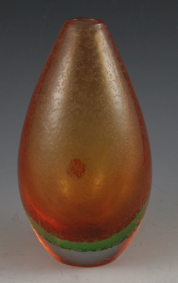 Salviati, Corroso, circa 1960's, Acid-etched : Salviati, Corroso, circa 1960's, Acid-etched, Crackle finish 7h Orange over vaseline color Art Glass Bud Vase w/label. ca. 1960's DIMENSIONS: 7H CONDITION: Good Condition ESTIMATE: $80-$100 uest.