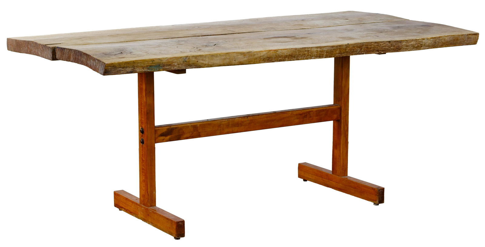 Live Edge Dining Table: Live Edge Dining Table Handmade trestle table having a double-slab top Property from: a Dixon, Illinois estate Condition: Good, moderate wear; table top wood and trestle wood different colors; areas o