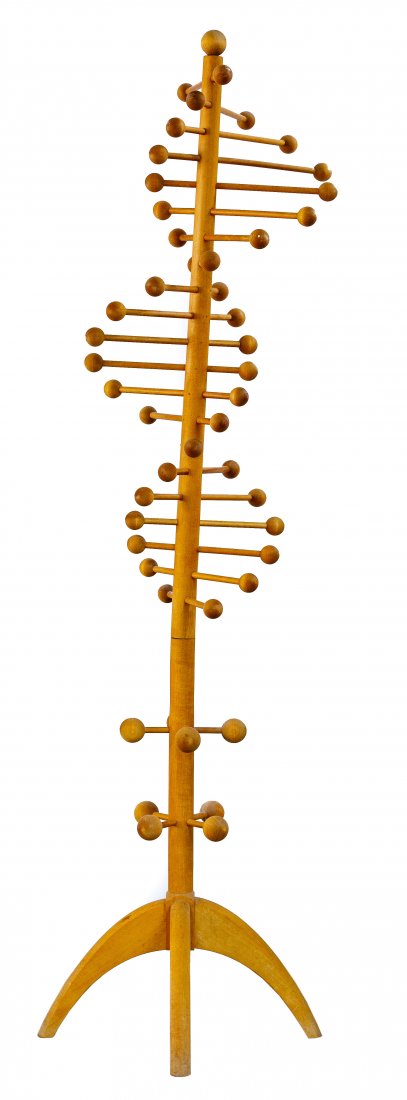 Maple Double Helix Coat Tree: Maple Double Helix Coat Tree Mid-century modern style coat rack having stick and ball hangers Condition: Good, missing a leg; scuffs and stains to base; pole slightly crooked Height: 78 1/2 inches, Wi