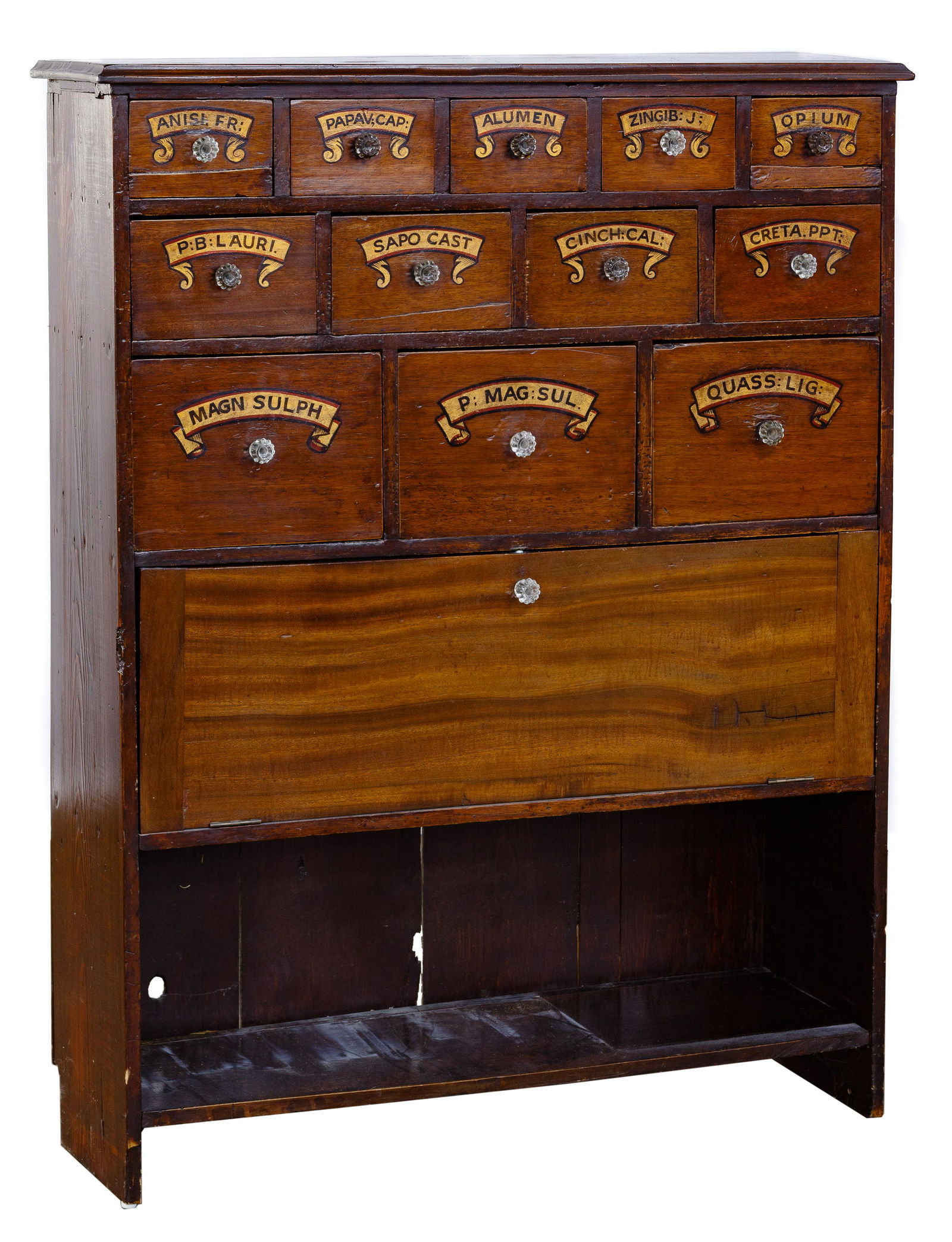 Mahogany Apothecary Cabinet: Mahogany Apothecary Cabinet Having (12) labeled drawers on top of a drop-down cabinet and shelf Property from: a Lake Forest, Illinois estate Condition: Good, overall moderate wear consistent with nor