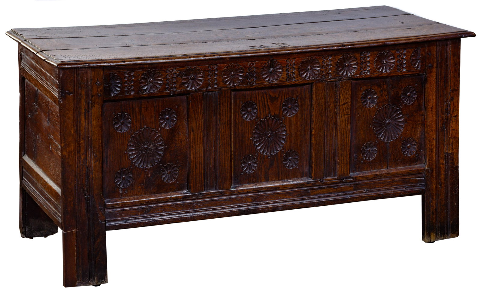 19th Century Oak Trunk: 19th Century Oak Trunk Locking trunk inscribed 'MB 1889' on top having carved rosette decoration on front Property from: a Lake Forest, Illinois estate Condition: Good, overall moderate wear consisten