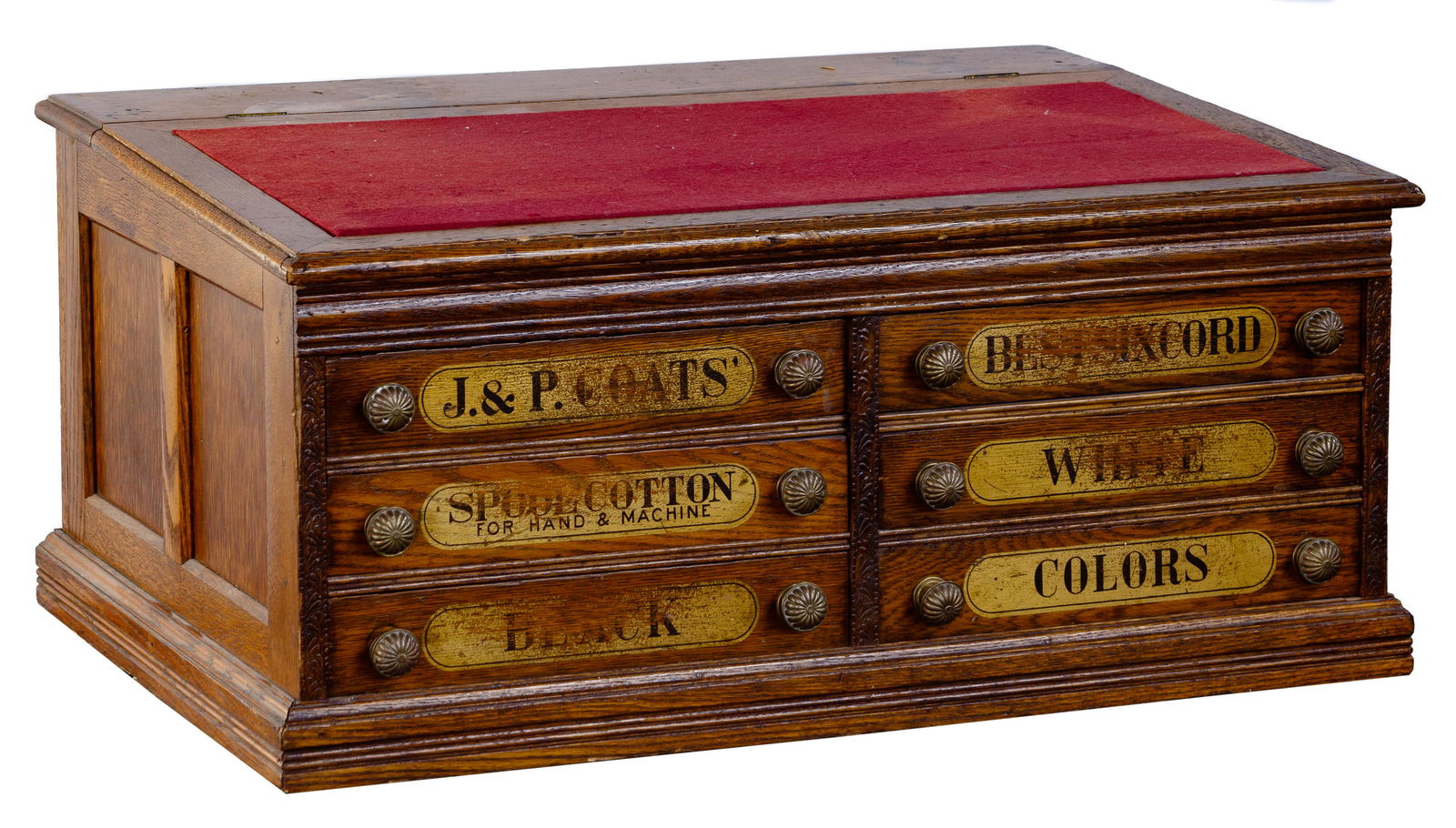 J. & P. Coats Spool Cabinet: J. & P. Coats Spool Cabinet Having a felted hinged top, six drawers with brass rosette knobs and painted advertising Property from: a Lake Forest, Illinois estate Condition: Good, overall light wear c