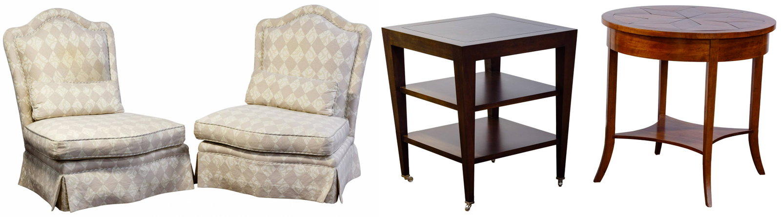 Baker Upholstered Slipper Chairs: Baker Upholstered Slipper Chairs Two chairs having diamond patterned upholstery in shades of ivory and beige, matching accent pillow, 'Baker Furniture' label beneath seat cushion; copy of original int