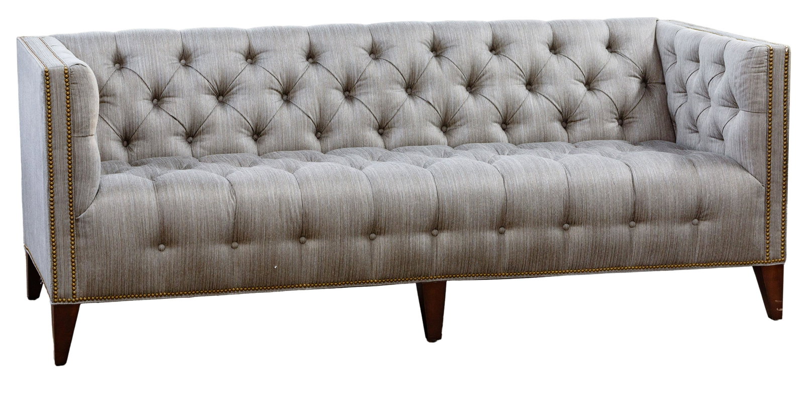 Marge Carson Tuxedo Sofa: Marge Carson Tuxedo Sofa Neutral grays and taupe hues, having a tufted seat, back and sides, trimmed in nail heads and black wood legs Property from: an Oak Park, Illinois collector Condition: Very Go
