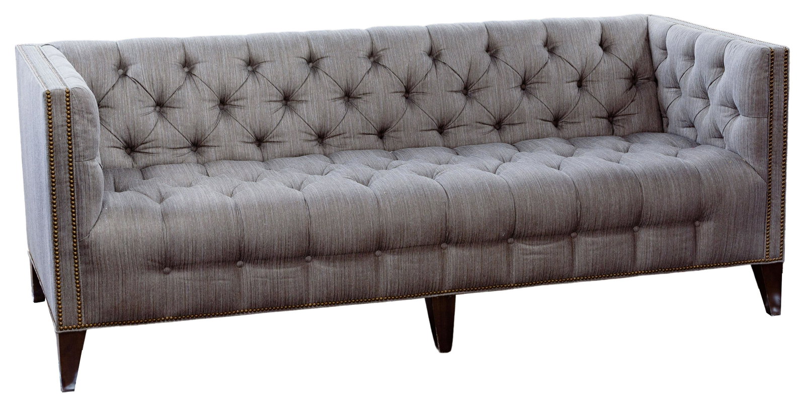 Marge Carson Tuxedo Sofa: Marge Carson Tuxedo Sofa Neutral grays and taupe hues, having a tufted seat, back and sides, trimmed in nail heads with black wood legs Property from: an Oak Park, Illinois collector Condition: Very G