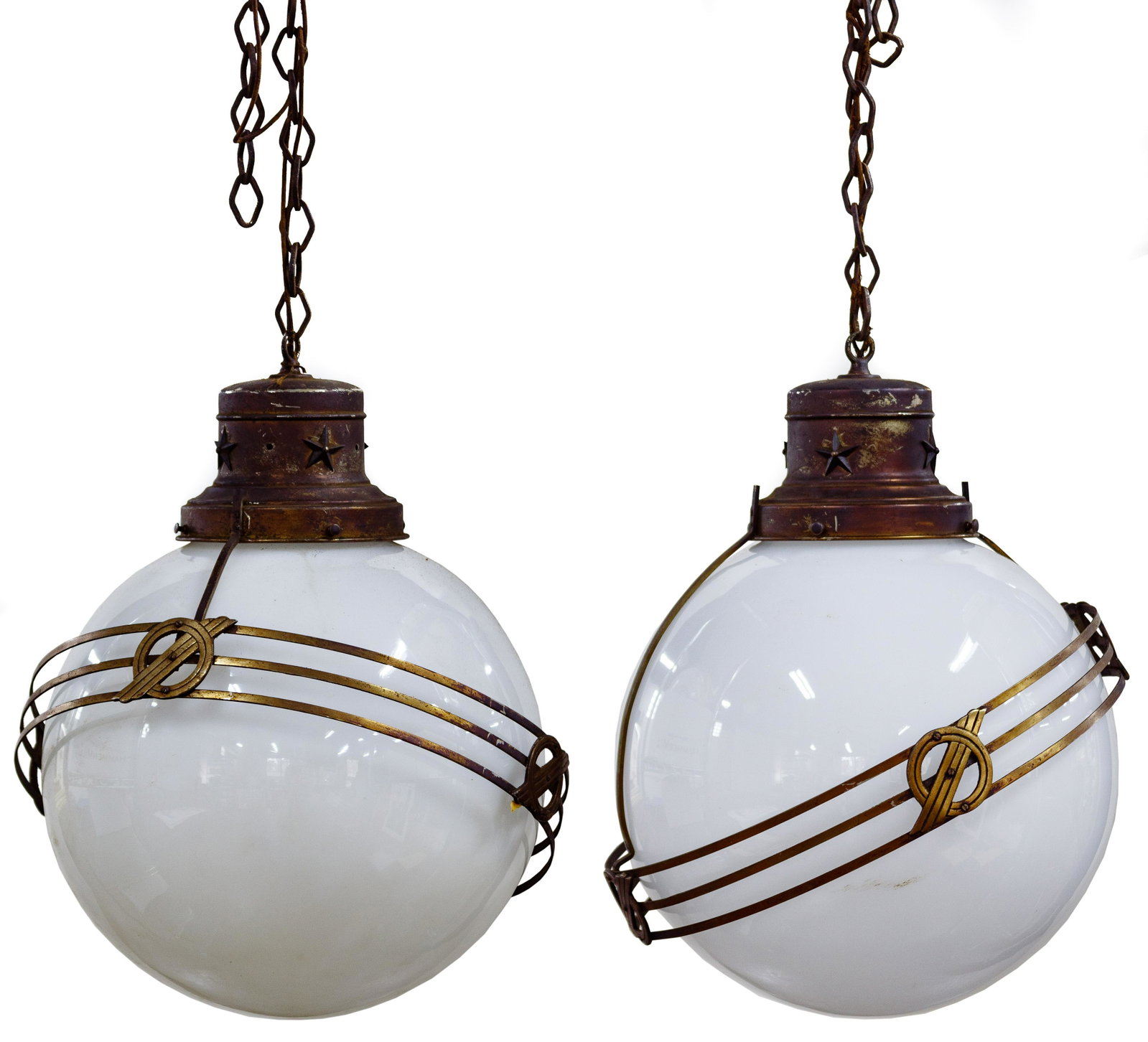 Art Deco Hanging Lamps: Art Deco Hanging Lamps Pair, consisting of white glass globes suspended from star-studded gold-toned metal fixtures and each being encircled by three obliquely angled gold-toned bars which are connect