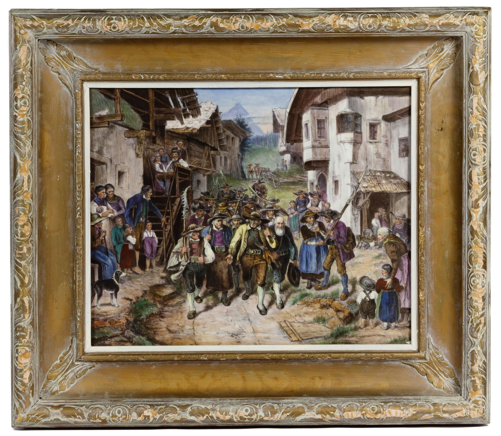 K.P.M. Berlin Hand-Painted Porcelain Plaque: K.P.M. Berlin Hand-Painted Porcelain Plaque Early 20th century, unsigned, impressed scepter mark and dimensions incised en verso, depicting a farmers militia marching through a village, in a gold tone