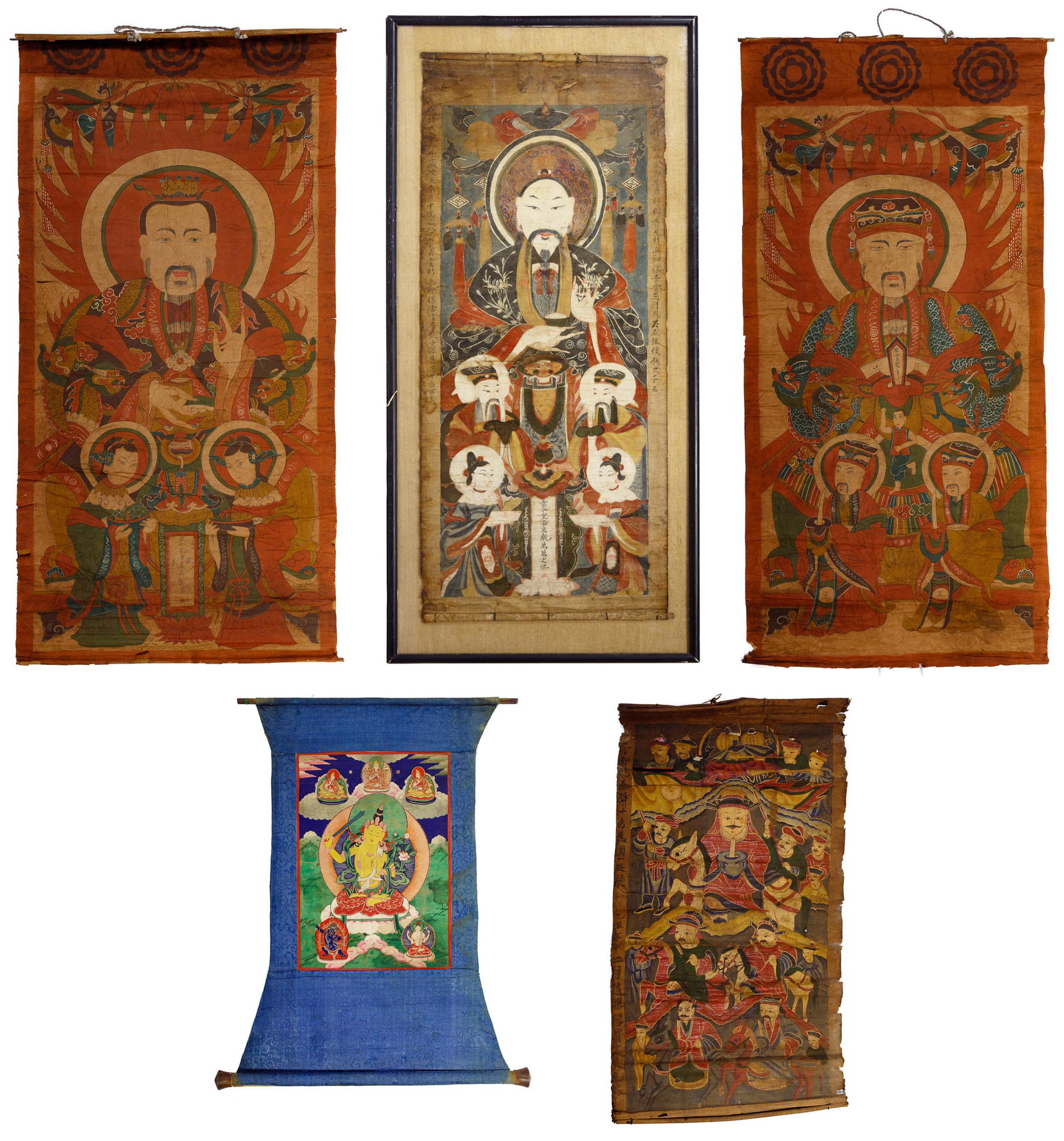 Asian Ancestral Scroll Thangka Painting Assortment: Asian Ancestral Scroll Thangka Painting Assortment (5) items including (3) hand painted scrolls, a Thai Buddhist silk scroll and an under glass hand painted scroll in a black frame; two scrolls signed
