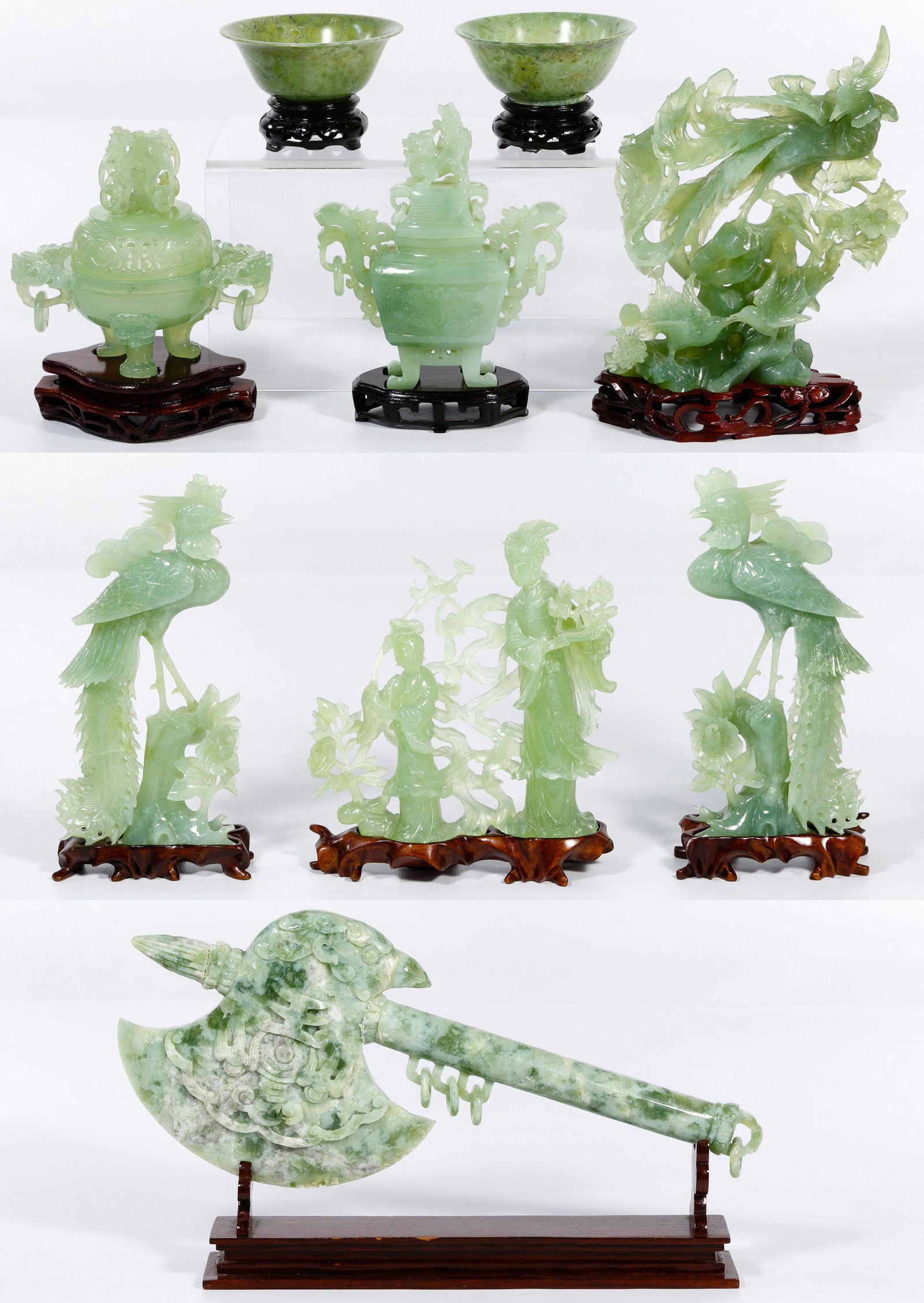 Carved Jadeite Jade Assortment: Carved Jadeite Jade Assortment (9) intricately carved items including large axe, tall bird having long tail, right facing bird, left facing bird, (2) jade bowls, lady with child, rectangular censer ja