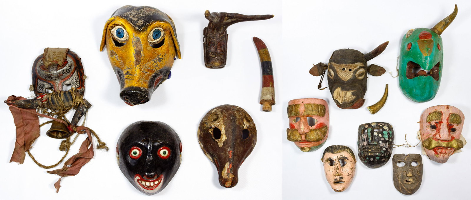Guatemalan and Bolivian Mask Assortment: Guatemalan and Bolivian Mask Assortment (12) items including from Guatemala (2) painted carved wood masks including a monkey and a horned animal, a painted carved wood mask having a bell and textile d