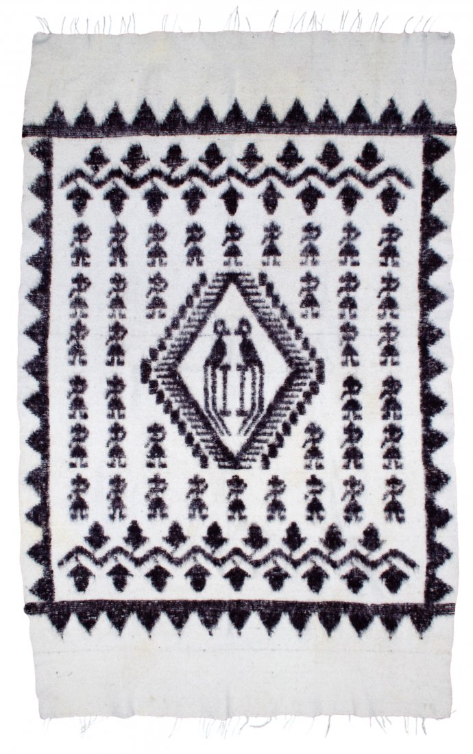 Mayan Guatemalan Wool Blanket: Mayan Guatemalan Wool Blanket Hand-crafted woven 100% wool in black and white depicting figures and geometric design, 3-inch fringe Property from: a Dixon, Illinois estate Condition: Very Good, overal