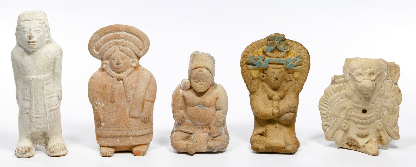 Mayan Style Jaina Figure Assortment: Mayan Style Jaina Figure Assortment (5) items including (2) whistle figures including (1) having remains of blue pigment functions well, a functioning terracotta figural rattle, a fragmentary avian fo