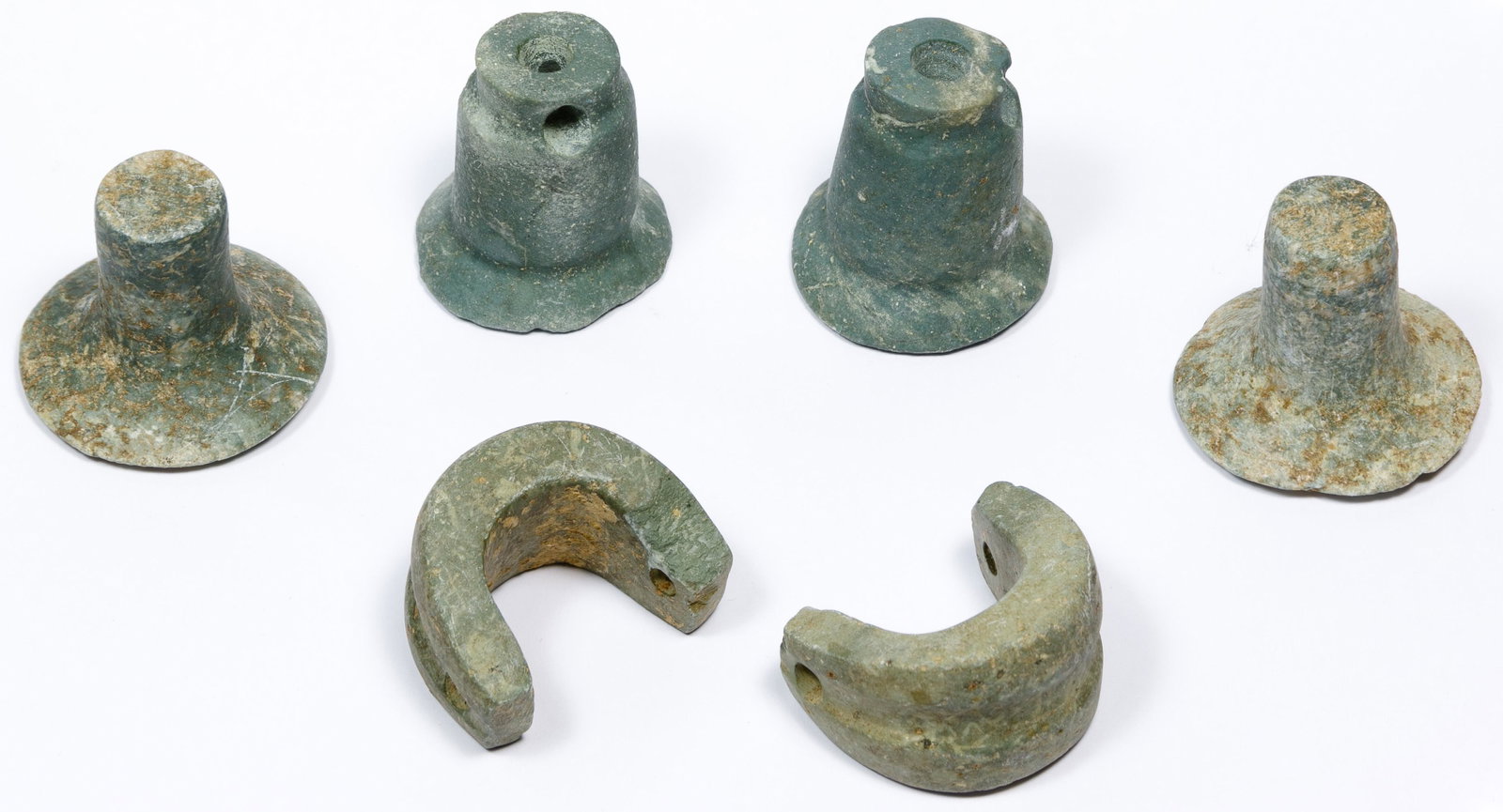 Pre-Columbian Mayan Style Jadeite Jade Ear Spool: Pre-Columbian Mayan Style Jadeite Jade Ear Spool Assortment Including (2) pairs each having a flared trumpet shape with a concave face, one pair drilled through lengthwise, the other solid; together w