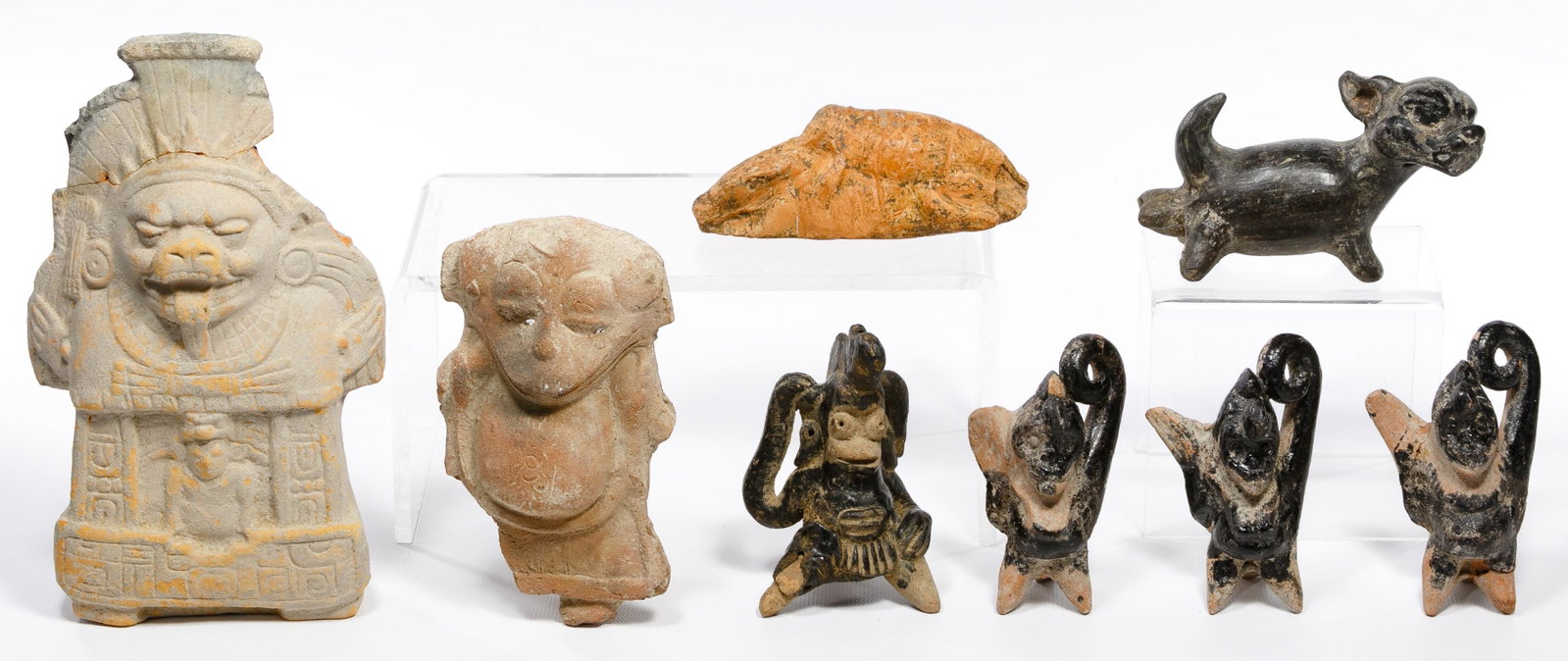 Pre-Columbian Style Whistle Assortment: Pre-Columbian Style Whistle Assortment (8) items including (2) Jaina Mayan figural (4) Veracruz black bitumen painted monkeys, a Oaxacan black ware dog and an armadillo, (1) monkey and the dog functio