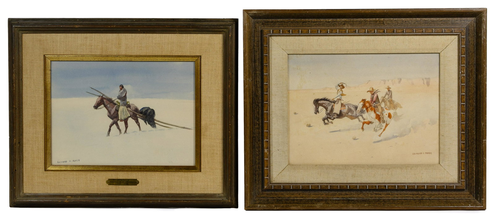 Leonard H. Reedy (American, 1899-1956) Watercolors on: Leonard H. Reedy (American, 1899-1956) Watercolors on Paper (2) undated items including 'Travelers', signed lower left, depicting a figure on horseback in the snow; and 'The Race', signed lower right,