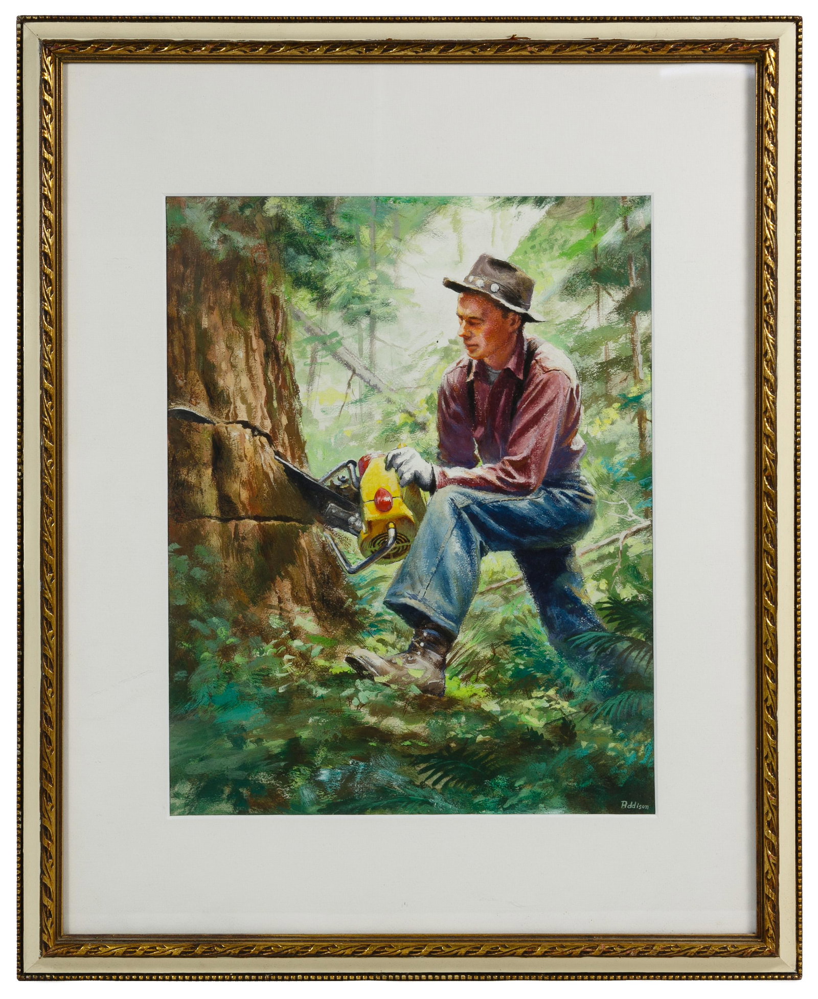 Robert W. Addison (American, 1924-1988) Gouache on: Robert W. Addison (American, 1924-1988) Gouache on Paper Undated, signed lower right, depicting a lumberjack cutting down a tree, matted in a gold and white frame under glass Property from: a Lockport