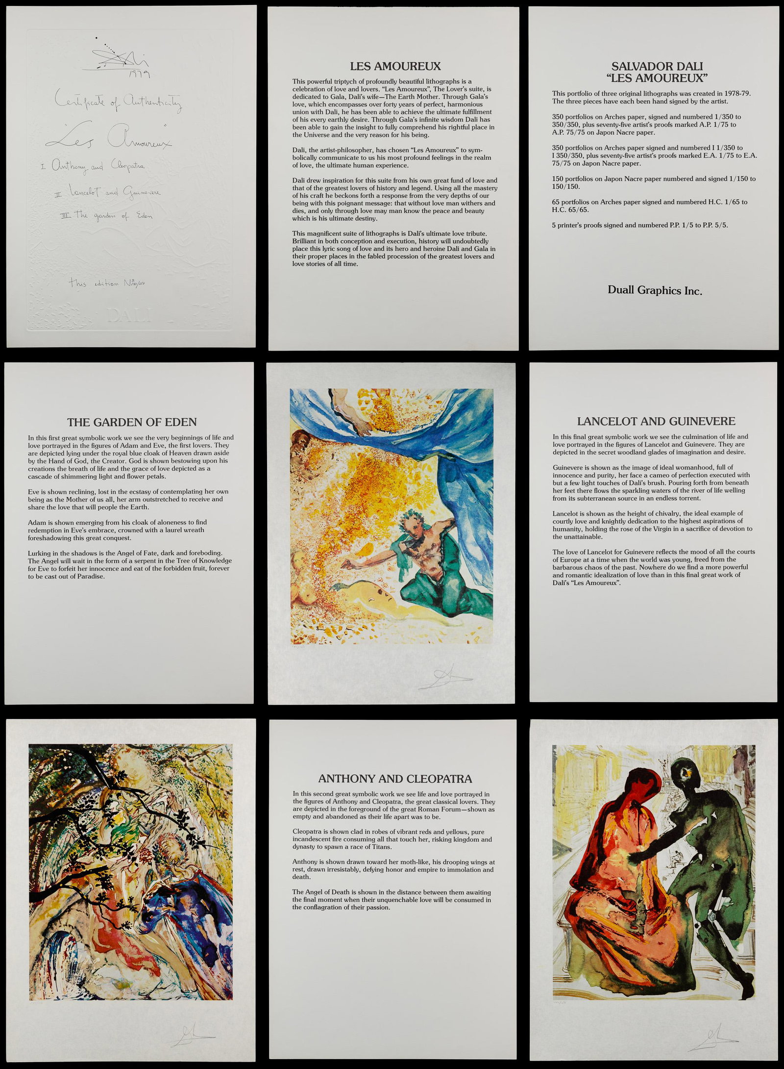 Salvador Dali (Spanish, 1904-1989) â€œLes Amoureux”: Salvador Dali (Spanish, 1904-1989) â€œLes Amoureux” Portfolio Set of (3) lithographs on Japon nacre paper, 1979, each signed lower right margin, each #141/150, including 'Anthony and Cleopat