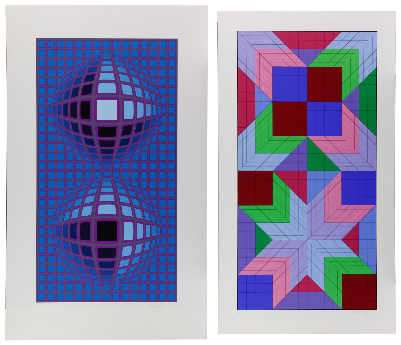Victor Vasarely (Hungarian / French, 1906-1997): Victor Vasarely (Hungarian / French, 1906-1997) Serigraphs (2) prints including 'Door,' undated, signed lower right, #64/325; and 'Kardoe', undated, signed lower right, #265/325; each depicting an abs