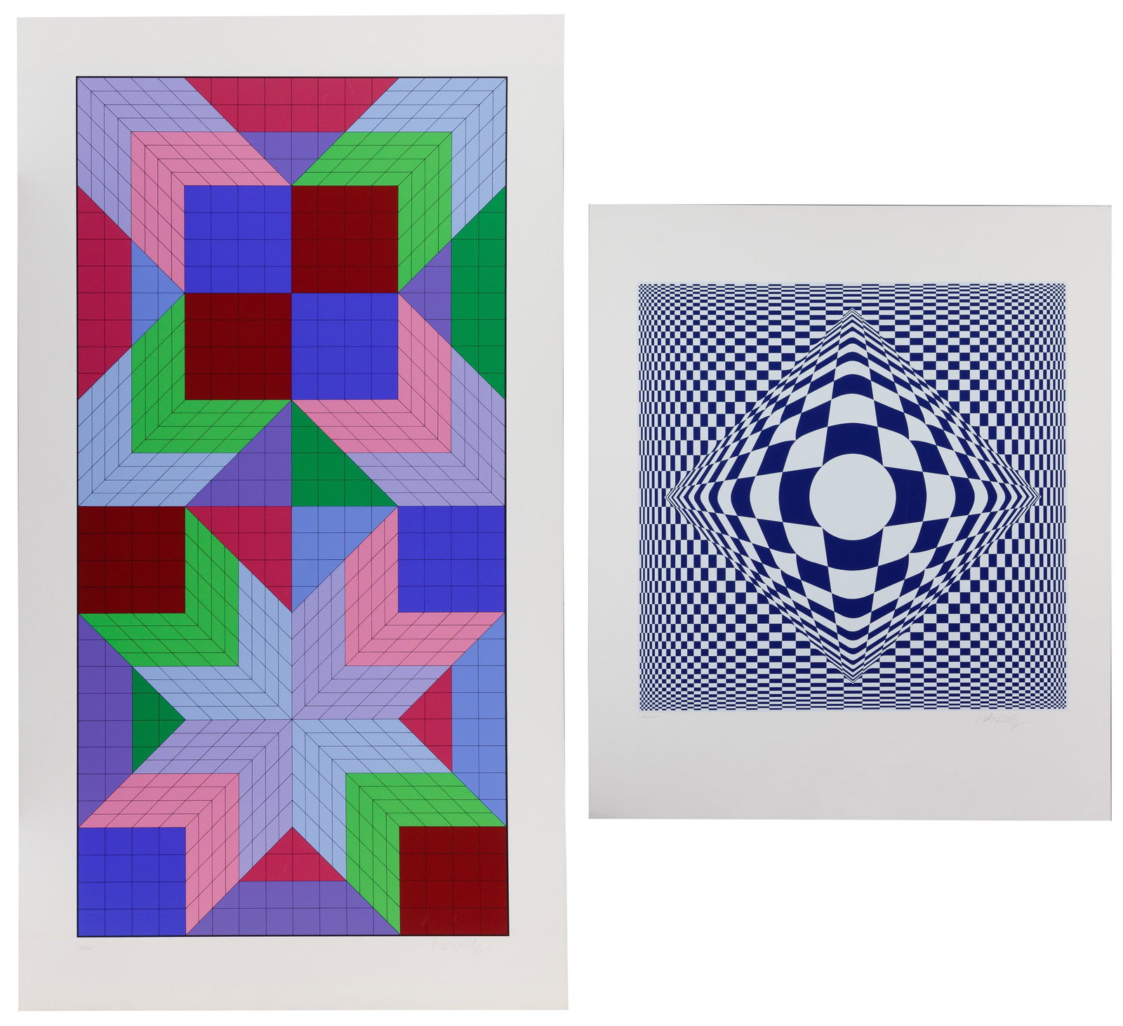 Victor Vasarely (Hungarian / French, 1906-1997): Victor Vasarely (Hungarian / French, 1906-1997) Serigraphs (2) prints including 'Door', undated, signed lower right, #63/325; and 'Vertigo', undated, signed lower right, #292/325; each depicting an ab