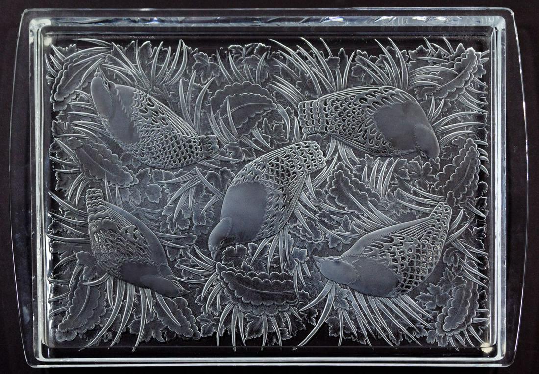 Lalique Crystal 'Perdix' Tray: Lalique Crystal 'Perdix' Tray Having a bird motif and etch-signed on underside edge Condition: Very Good, no chips or cracks noted; light wear Height: 1 inches, Length: 17 7/8 inches, Width: 12 1/8 in