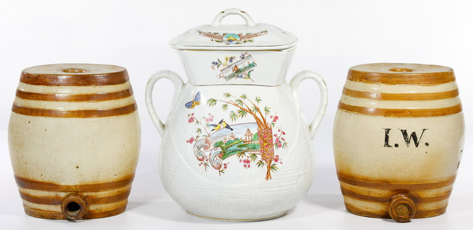 Royal Doulton Lambeth Kegs and Ironstone China Jar: Royal Doulton Lambeth Kegs and Ironstone China Jar (2) oval, brown and salt glaze having a maker mark on top and #1 on underside with one having the initials L.W. on side (10.25-inches tall by 11-inch