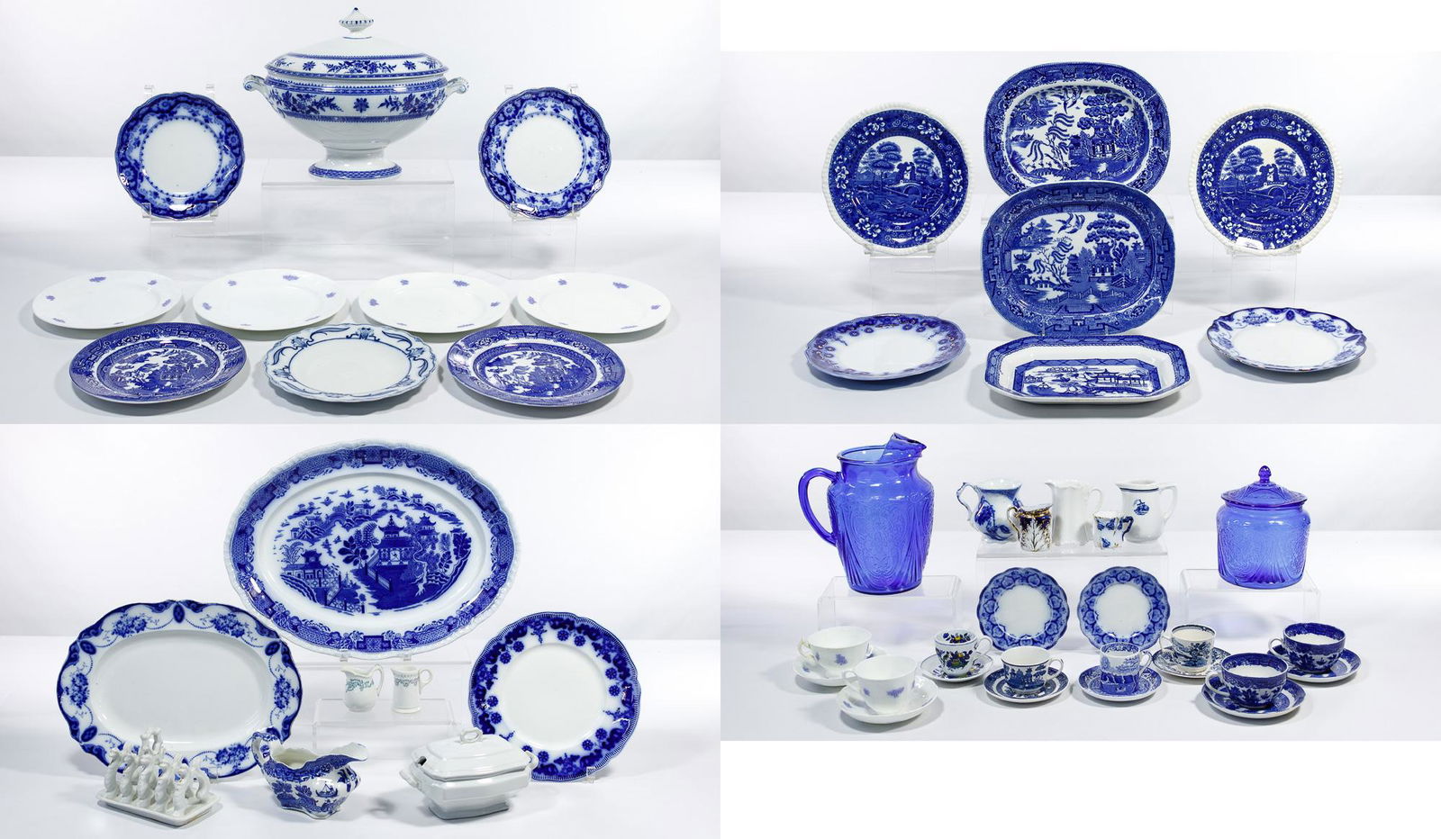 Asian Style Blue and White Flow Blue China Assortment: Asian Style Blue and White Flow Blue China Assortment Approximately (60) pieces including (5) various size platters, a soup tureen, (14) dinner size plates, (2) bread plates, (8) tea cups and saucers,