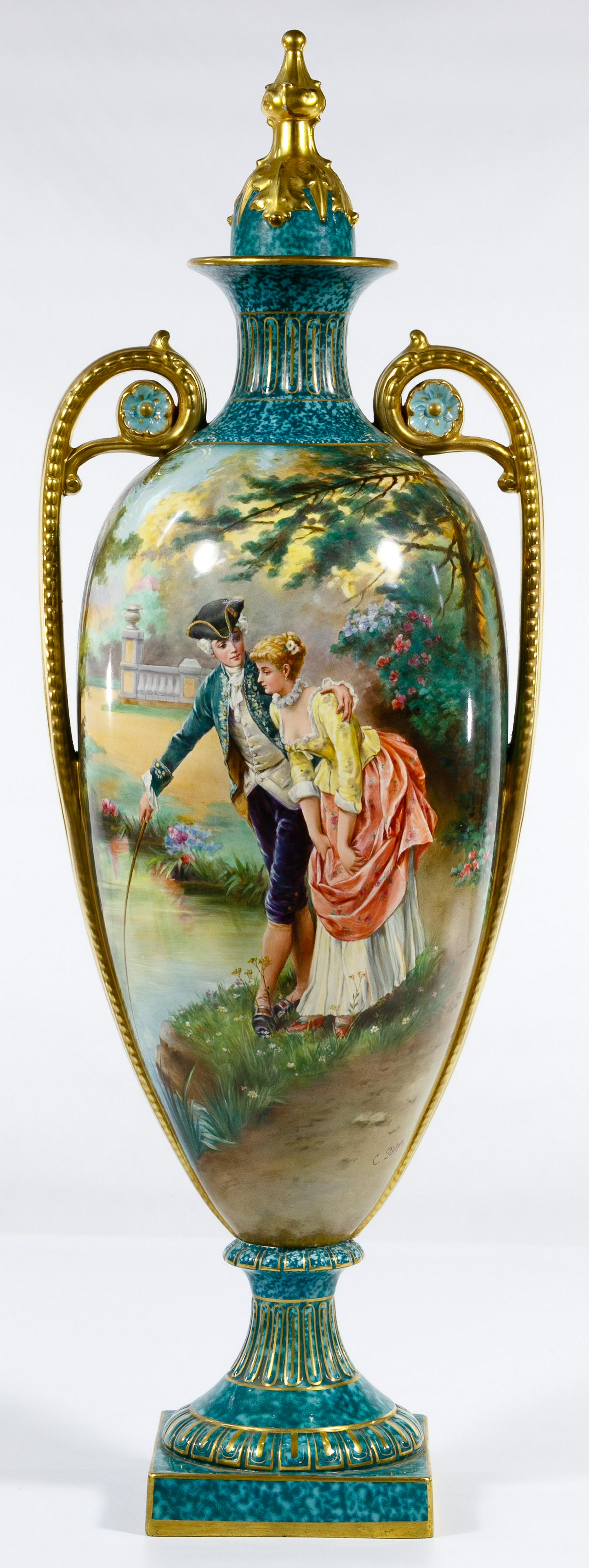 Royal Bonn Hand Painted Porcelain Lidded Urn / Vase: Royal Bonn Hand Painted Porcelain Lidded Urn / Vase Undated, artist signed 'C. Sticher' lower right, stamped maker marks with the #1755 and #2838 on the underside, one side depicting a classical image