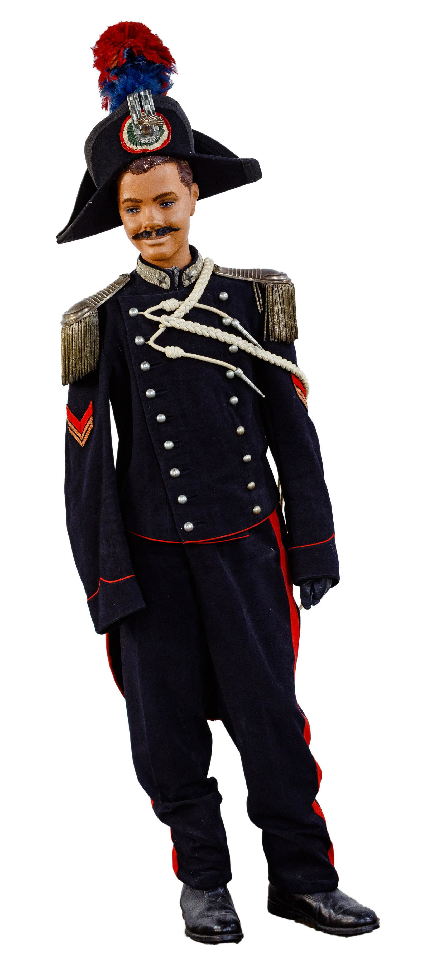 Italian Carabinieri Uniform: Italian Carabinieri Uniform c.1920 wool uniform including tunic having gray cotton lining, pants, hat, cartridge box and leather boots; together with display mannequin Condition: Good, moderate wear; 