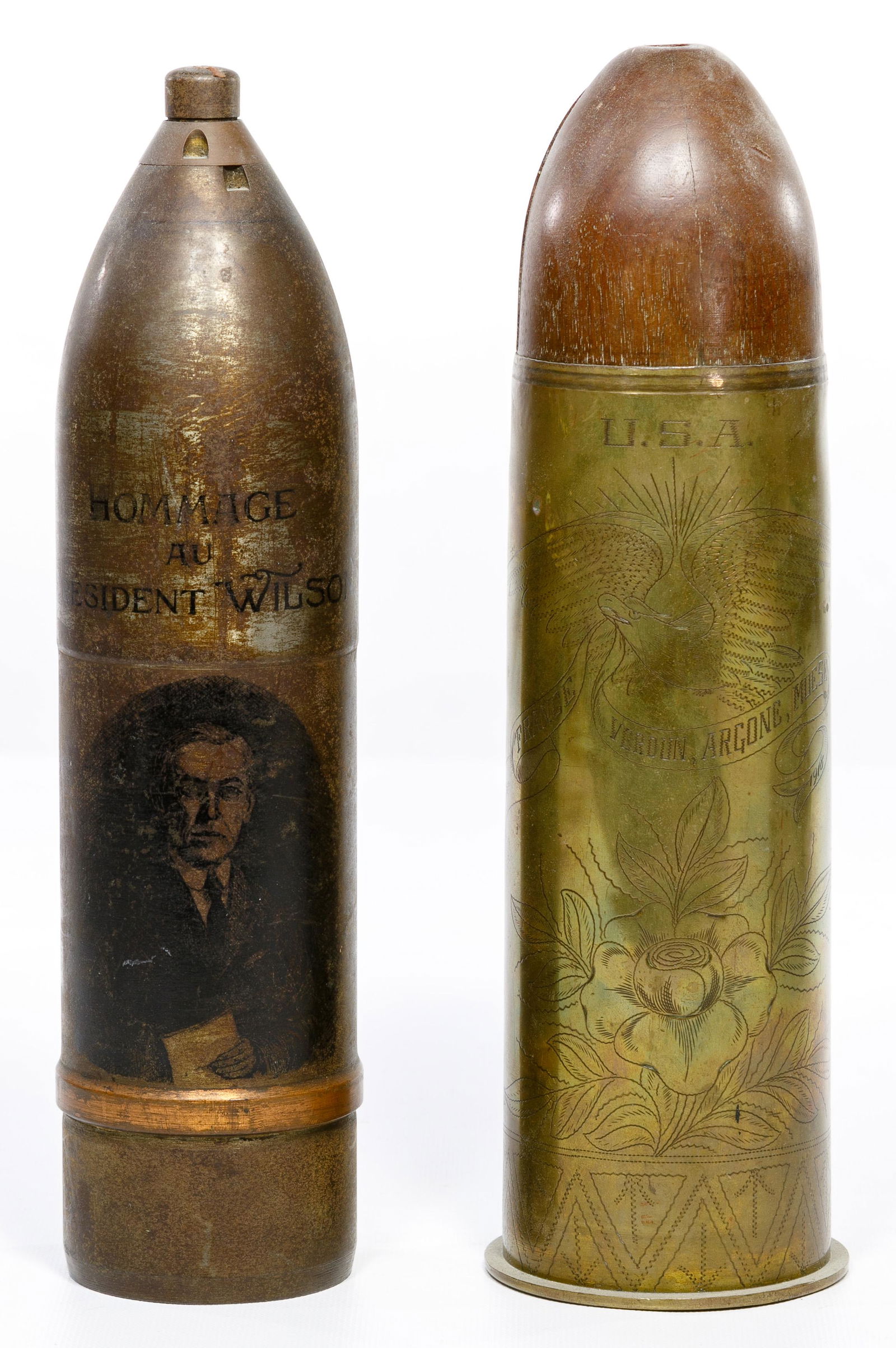 World War I Artillery Trench Art: World War I Artillery Trench Art (2) items including one depicting President Wilson inscribed 'Hommage au President Wilson'; and one having an eagle and floral etching inscribed 'USA' at the top and '