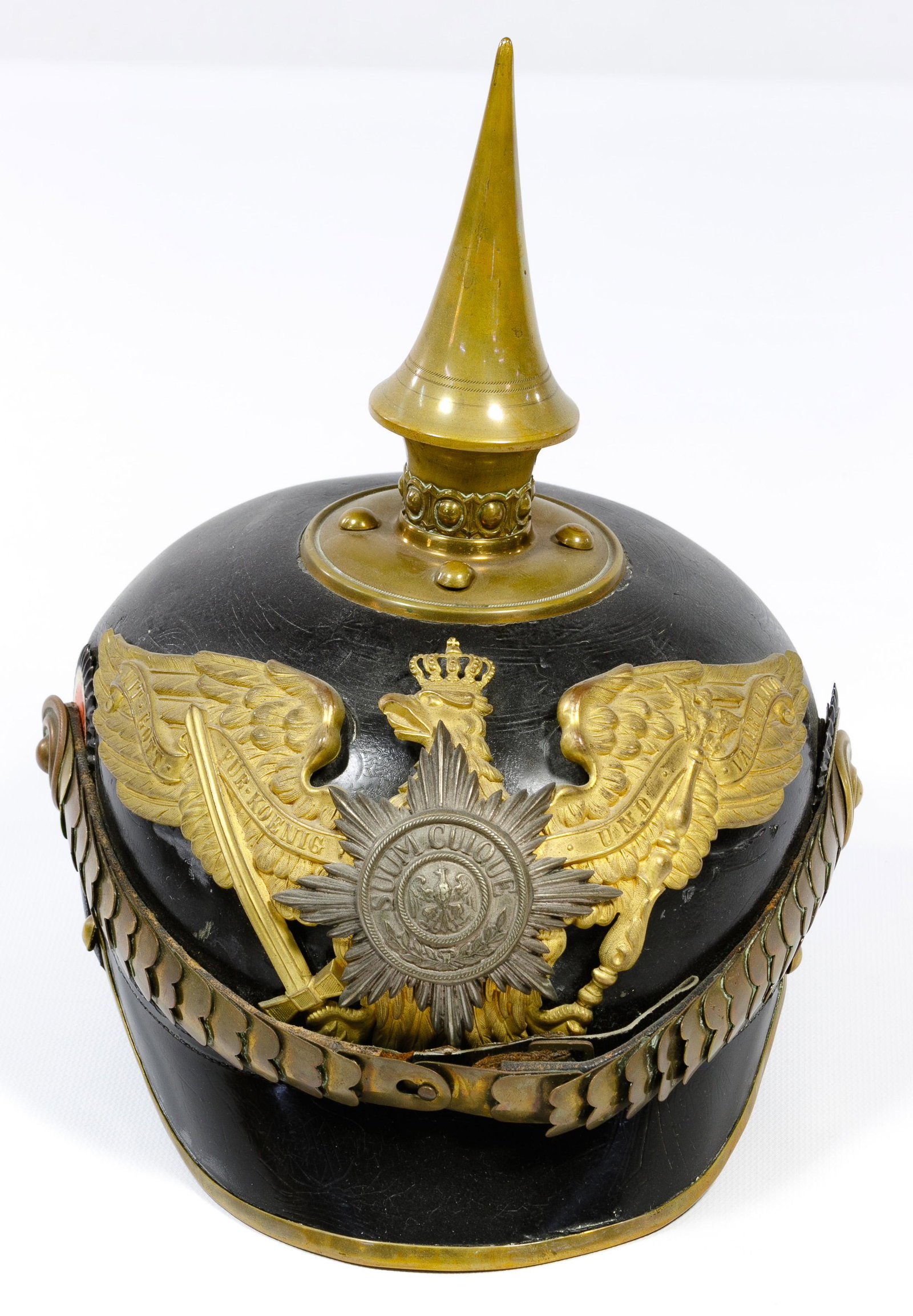 World War I Imperial Prussian Officers Pickelhaube: World War I Imperial Prussian Officers Pickelhaube Helmet Officers guard regiment having the black leather body with brass metal accessories, fish-scale chinstrap, cockades on either side, long spike 
